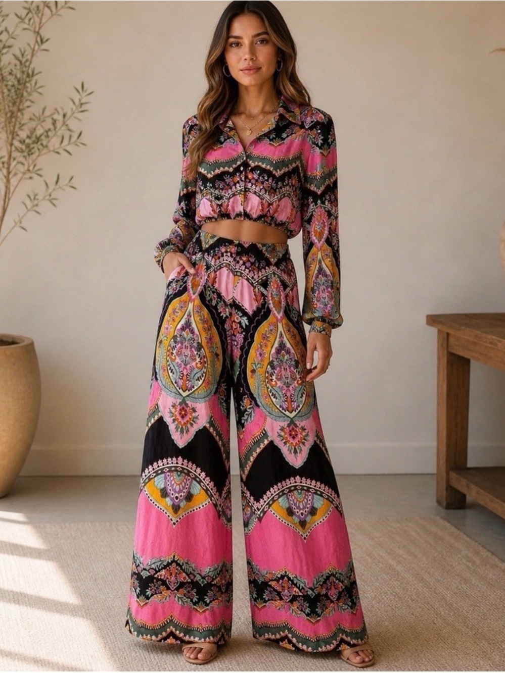 Rachel Zoe 2Pc Set XS Boho Paisley Crop Blouse Wide Leg Pants Floral Festival